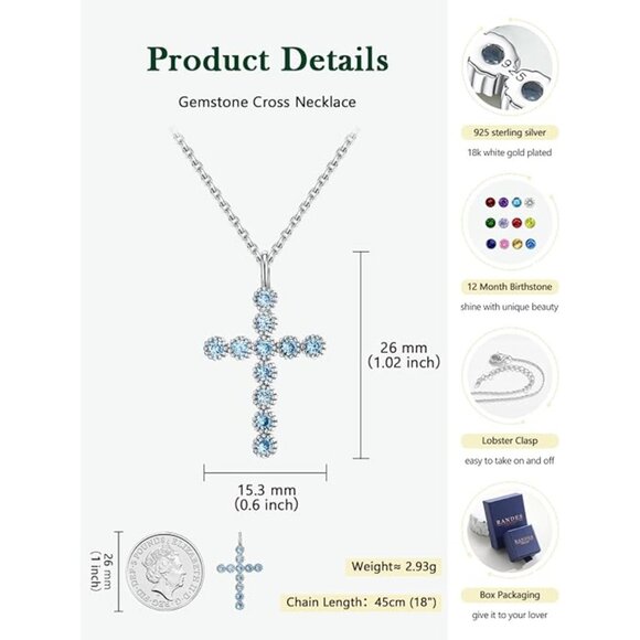 Sterling Silver Created Aquamarine Cross Necklace March Birthstone 18"+2" NWT - Picture 8 of 10